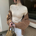 Chic Gray Cable Knit Crewneck Sweater Top for Women,  Slim Fit Short Length Underwear Shirt